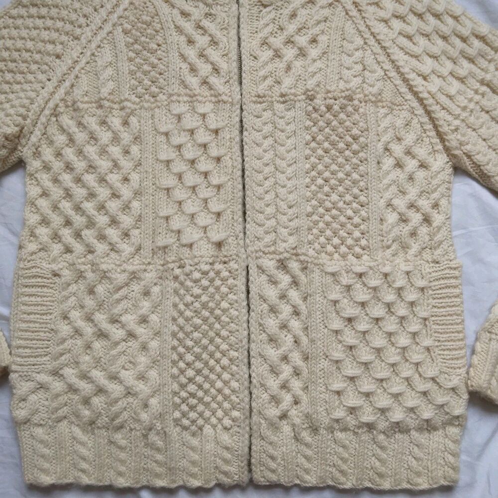 Carraig Donn Fisherman Sweater Cream Cable Knit Wool Ireland Zip Womens Medium - Picture 4 of 14
